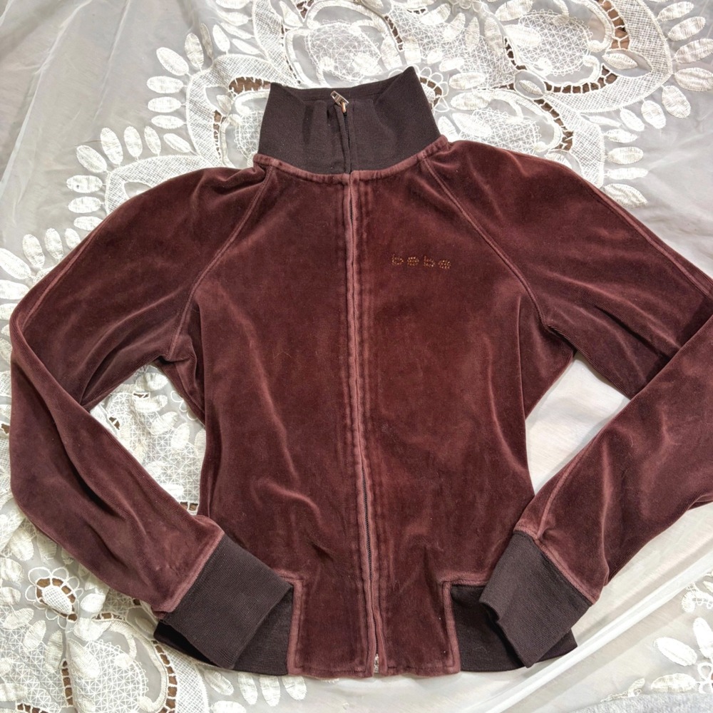 Y2K Mcbling Bebe Brown Velour Rhinestone Logo Zip Up Track Jacket Mock Neck Med